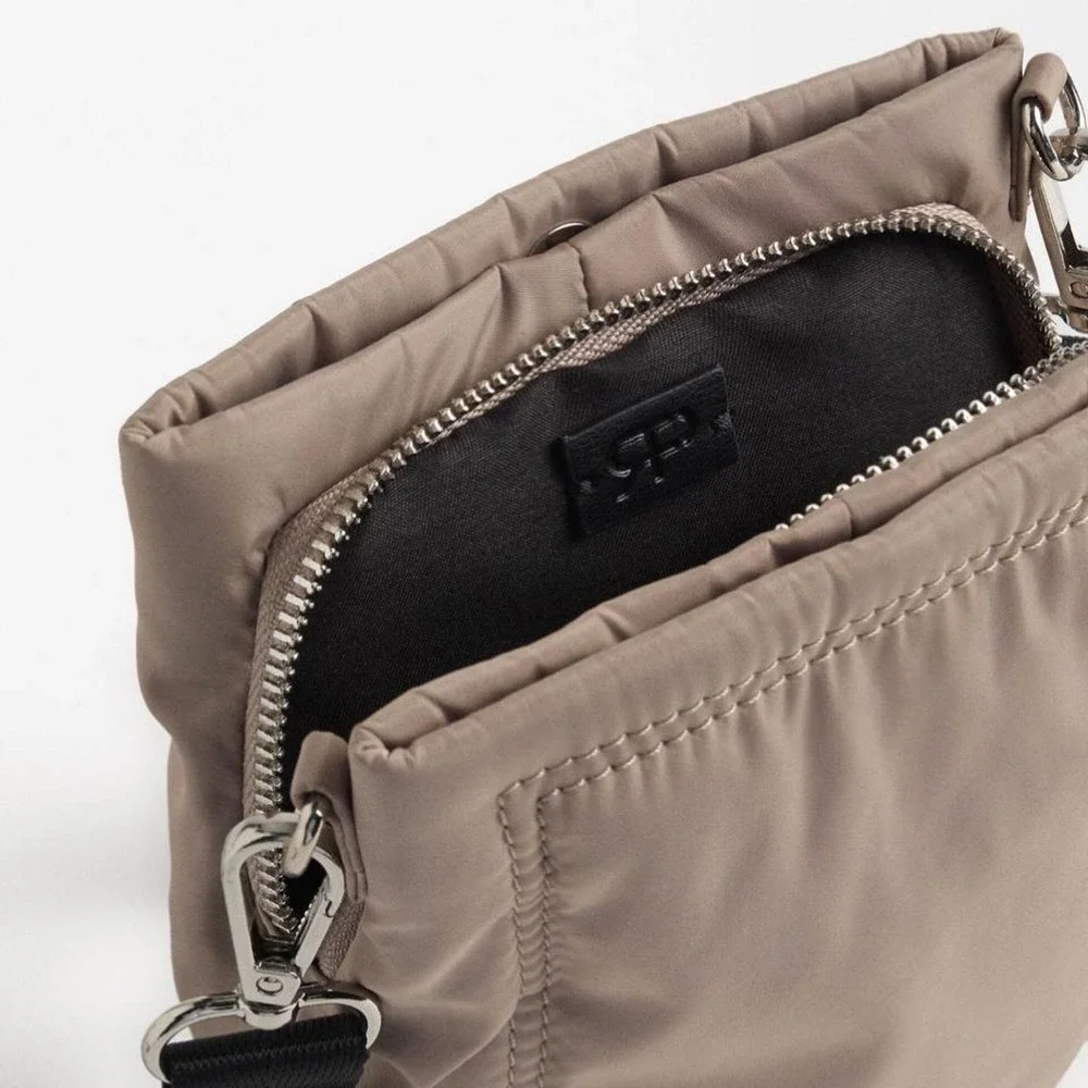 Parfois Taupe Nylon Crossbody Phone Travel Bag Minimalist Utility Shoulder Bag